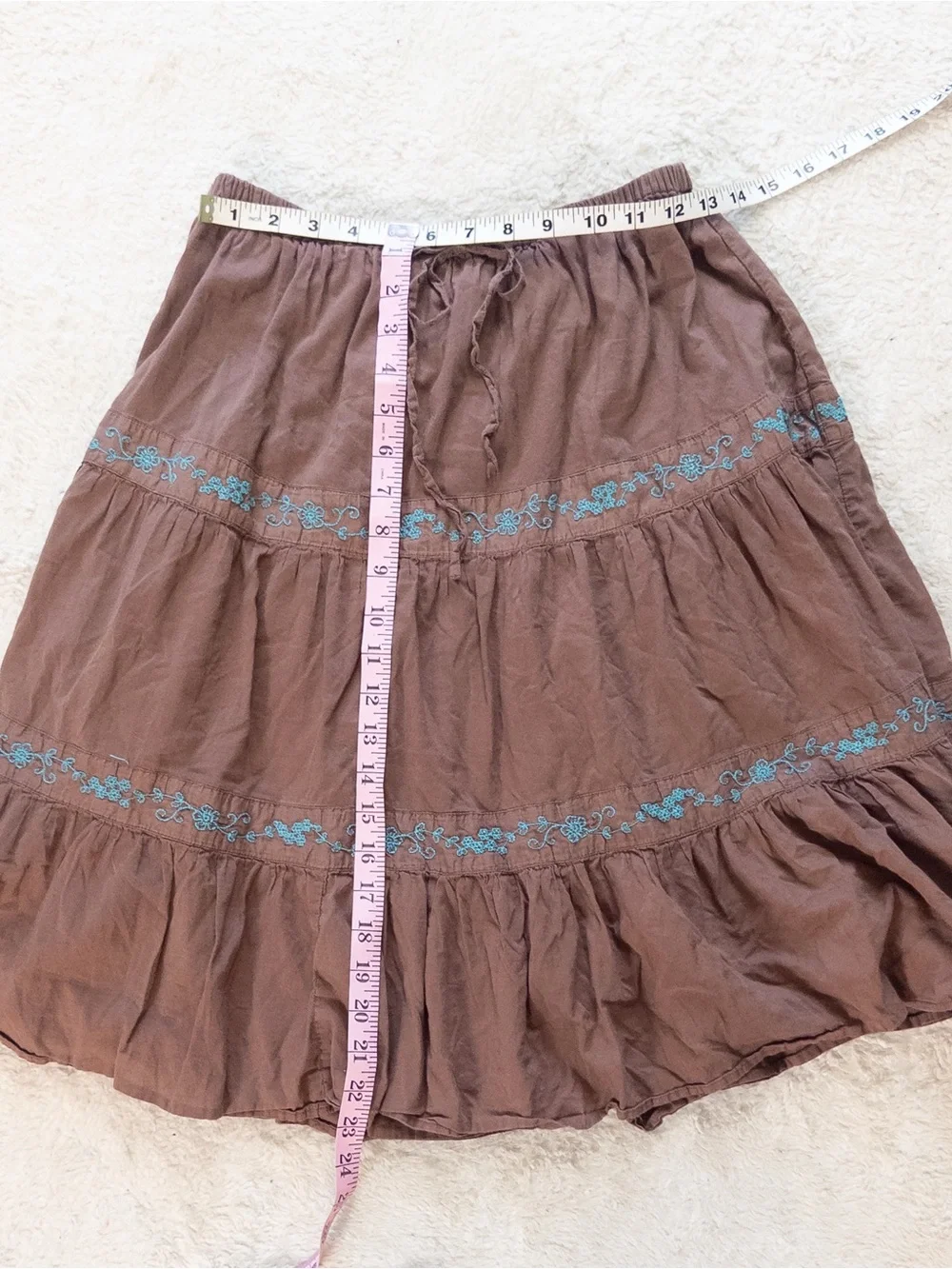 SO Rust Brown Tiered Midi Skirt with Turquoise Embroidery